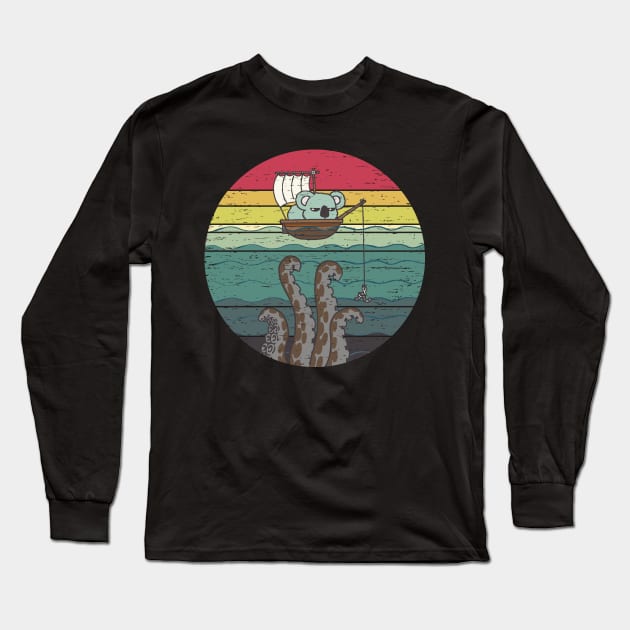 Funny Cute Fishing Koala Retro Sunset Distressed Vintage Rainbow Colors Long Sleeve T-Shirt by ebayson74@gmail.com